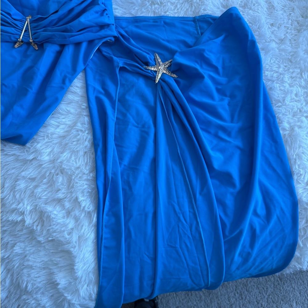 Blue swimsuit with Starfish Embellishment and sarong